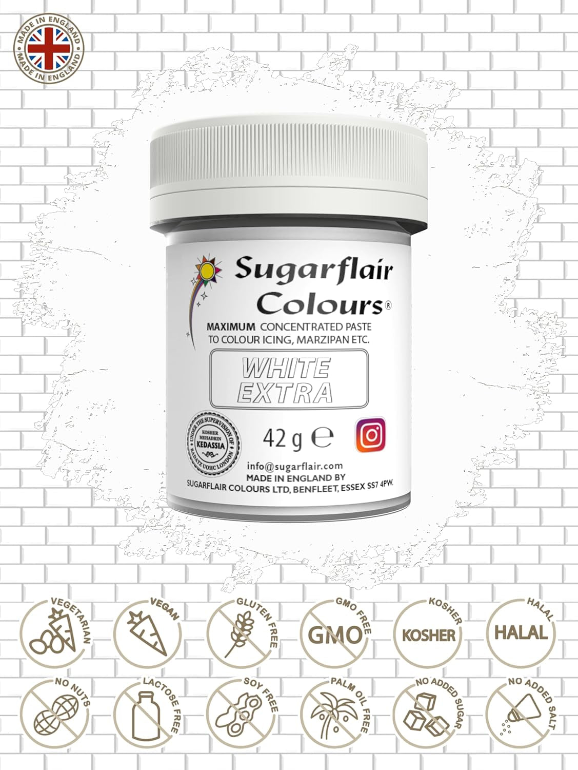 Lebensmittelfarbe Sugarflair Max Concentrated White Extra, hochkonzentrierte Lebensmittelfarbe für Marzipan und Fondant, Pastenfarbe Max Concentrate – 42 g