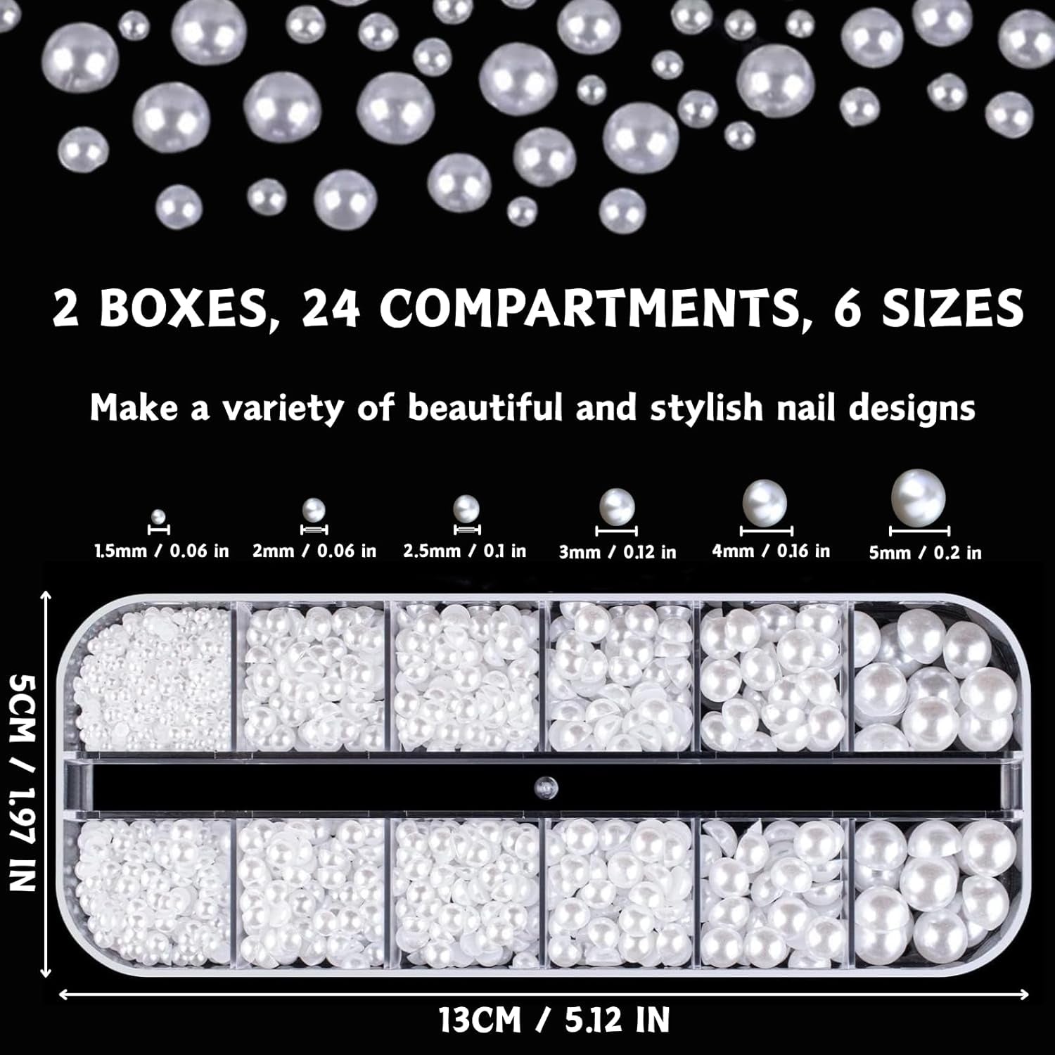 12 Größen Nail Art Perlen, Flache Perlen, Nail Art Accessoires, Halbkreis Nagelperlen, Weiße Nail Charms Und Glitzersteine ​​​​Nägel Für Nail Art Design, DIY Basteln, Alltag, Hochzeit (2 Boxen)