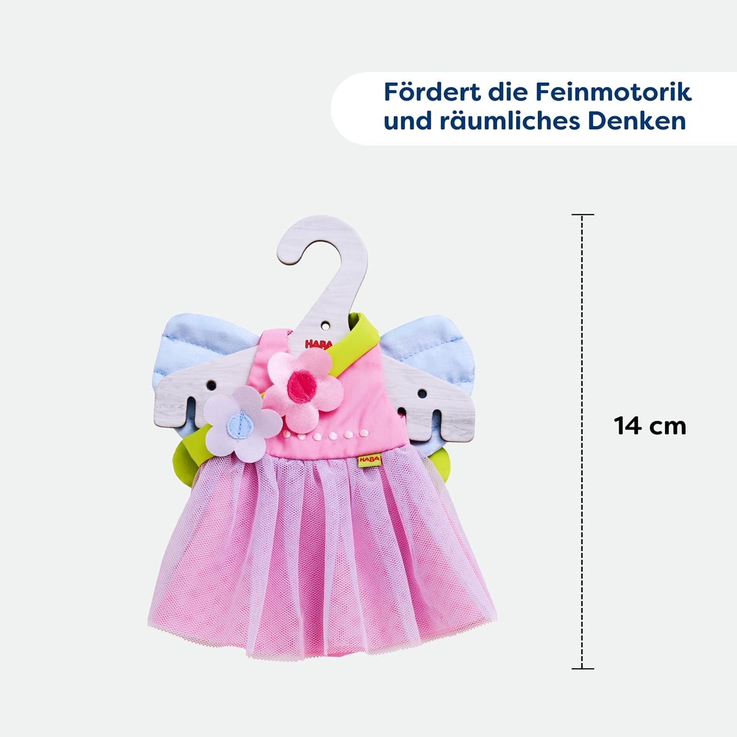 HABA Fairy Magic Puppenkleidung – 2-teiliges Set für Puppen ab 18 Monaten (30 cm) – Tüllkleid mit Flügeln, Blumen-Haarband im Lieferumfang enthalten – 1306243001