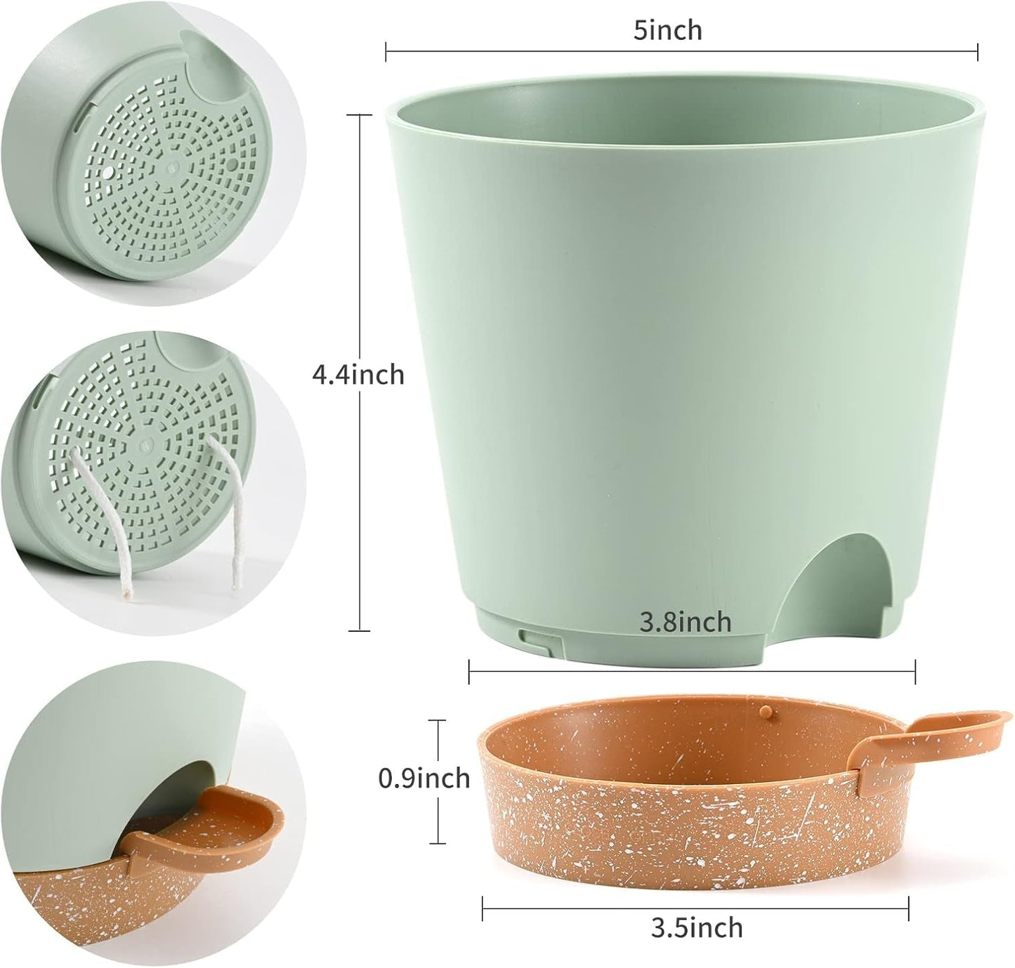Blumentopf, 6 Stück, 12,7 cm, selbstbewässernder Übertopf, hohe Drainage, Blumentopf für drinnen und draußen, mit Reservoir-Tablett und Bewässerungsrand, Garten-Pflanzgefäß, Garten