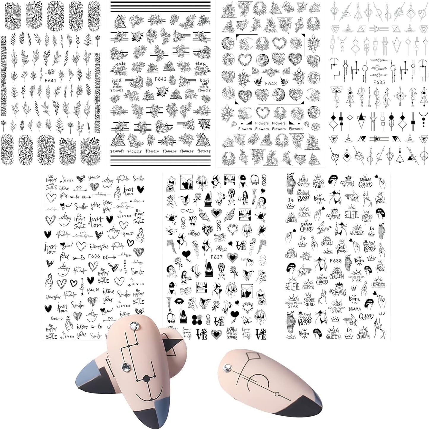 7 Blätter Nagelsticker Selbstklebend Nagelsticker Blumen Abstrakt 3D Schwarz Nagelaufkleber Nageldesign Herzform Wörter Pflanzen Nagel Sticker DIY Nail Art Zubehör Maniküre Dekoration