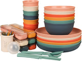 Unzerstörbares 6-Personen-Besteckset, Campingbesteck-Set, 66-teilig, Kunststoff-Picknickbesteck-Sets, leichtes, buntes BBQ-Kunststoff-Servierteller, Schüsseln, Besteck-Set