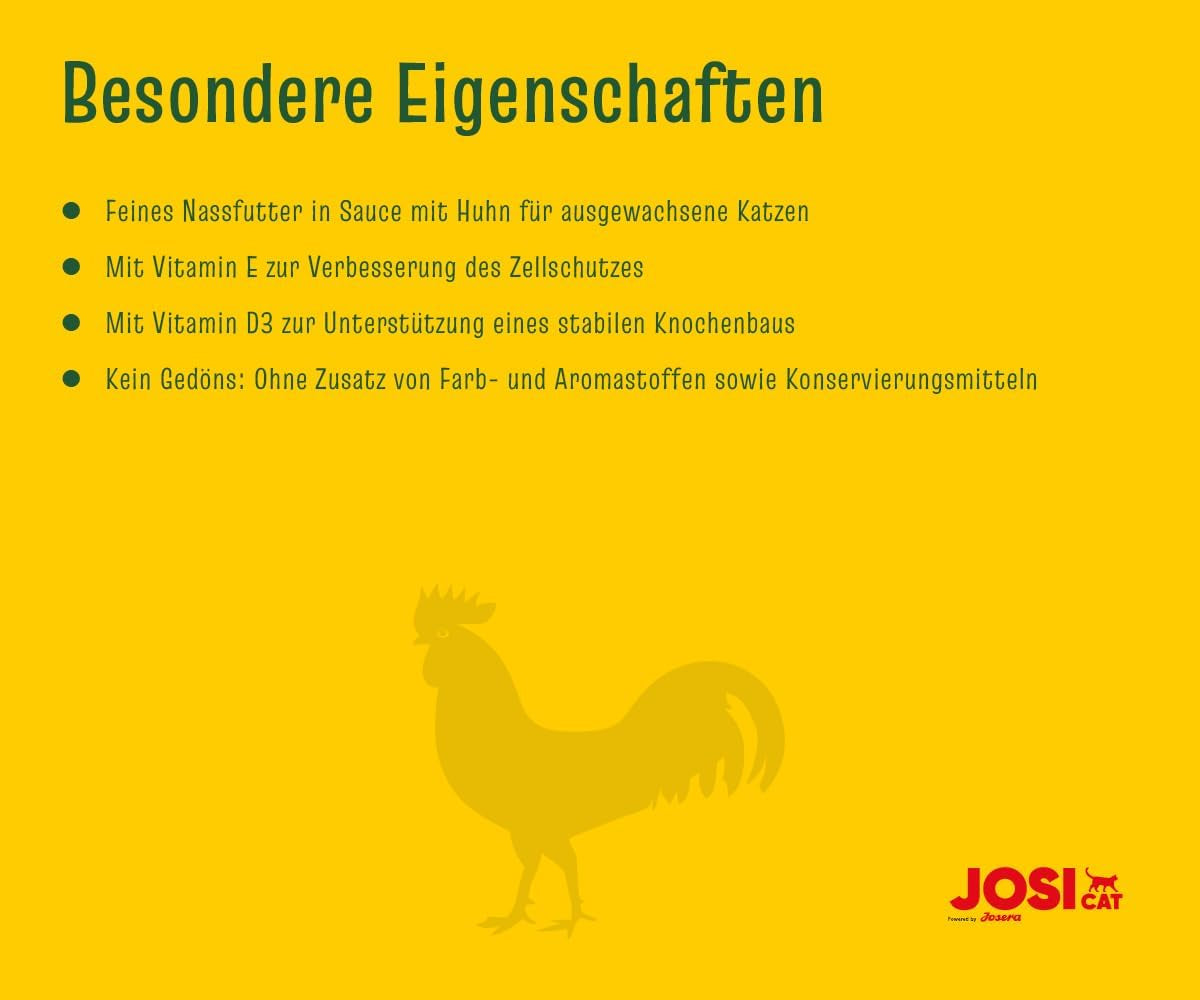 JosiCat Huhn in Sauce (12 x 415 g) | Erwachsener | Premium-Nassfutter für ausgewachsene Katzen | Huhn in Soße | Vitamin D3 und E | Unterstützt von JOSERA | Nassfutter für Katzen | Alleinfuttermittel | 12 Stück