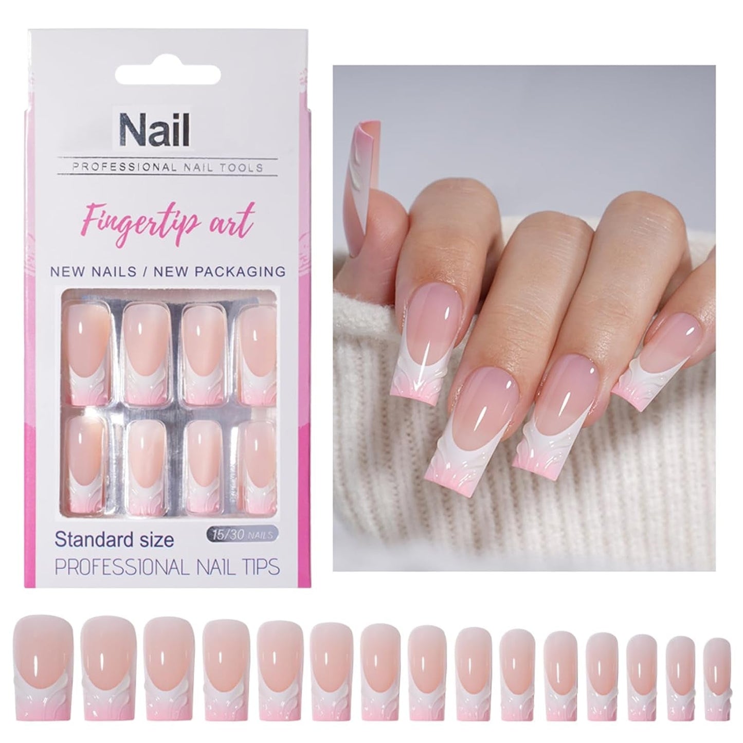 30 Stück französische künstliche Nägel – zum Aufkleben auf künstliche Nägel – weiche Gelnägel für Frauen – selbstklebende Acrylnägel, quadratische Maniküre (französisches Rosa)