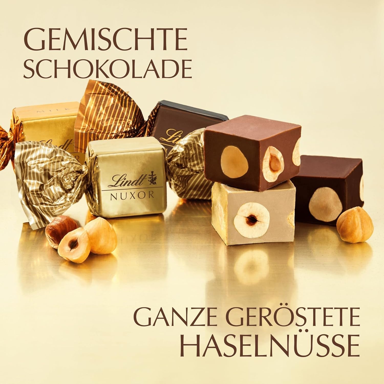Lindt-Schokolade | Mischung für Beutel NUXOR | 103g | Cremige Gianduja-Schokoladenwürfel in drei Sorten mit gerösteten ganzen Haselnüssen | Schokoladengeschenk