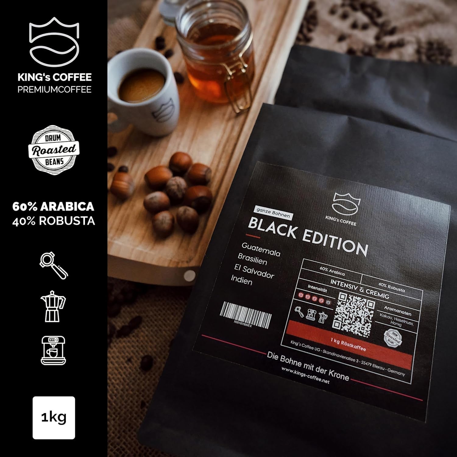 KING'S COFFEE – BLACK EDITION – 1 kg intensive, cremige Kaffeebohnen – Kaffee mit geringem Säuregehalt – Kleinserienröstung aus Italien – Starke Arabica-Espressobohnen (Mischung) für Vollautomaten und Siebträgermaschinen