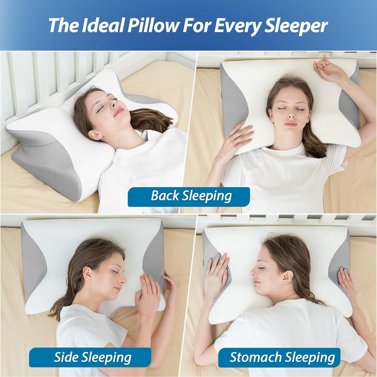 HOMCA Nackenkissen, orthopädisches Kissen aus Memory-Schaum, 2-in-1-Nackenstützkissen mit 3D-Kühlbezug, ergonomisches Schlafkissen für Rücken-, Seiten- und Bauchschläfer, Grau, 60 x 13/11 x 40 cm, orthopädische Nackenkissen Naty Shop