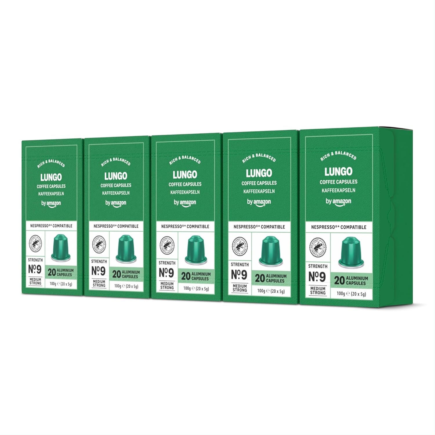 von Amazon Lungo Aluminium-Kaffeekapseln, kompatibel mit Nespresso, mittelgeröstet, 100 Stück (5 Packungen mit je 20 Stück) – Rainforest Alliance zertifiziert