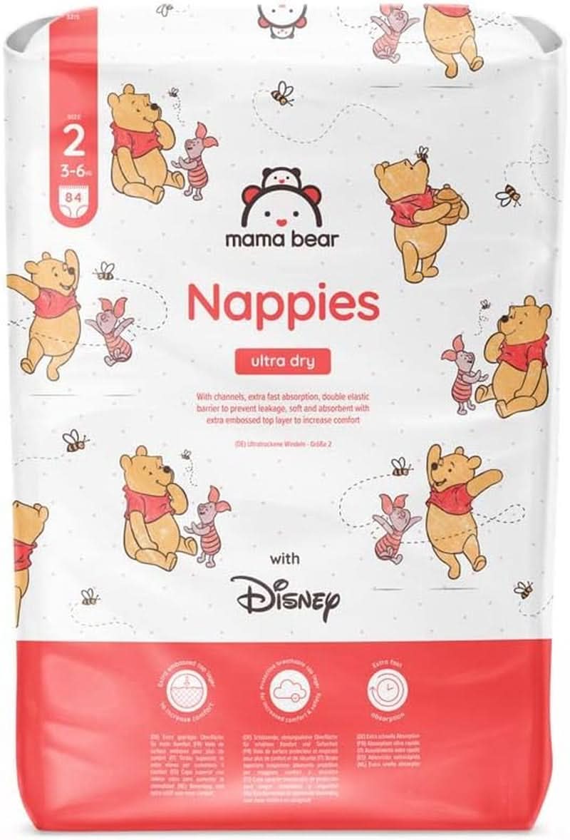 Mama Bear Disney Ultra Dry Windeln, Größe 4 (8–14 kg), Weiß, 84 Stück (1 Packung). Naty Shop Größe 2 (3–6 kg), Einzelpackung