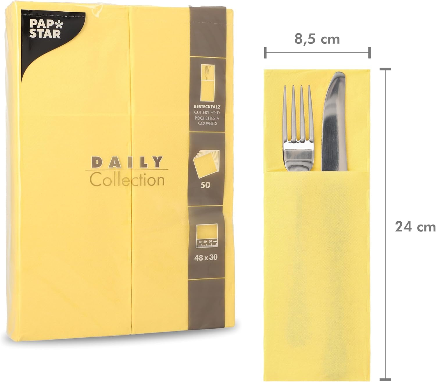50 Beutel Besteckservietten 'DAILY Collection' 48 cm x 30 cm gelb mit Falte für Besteck