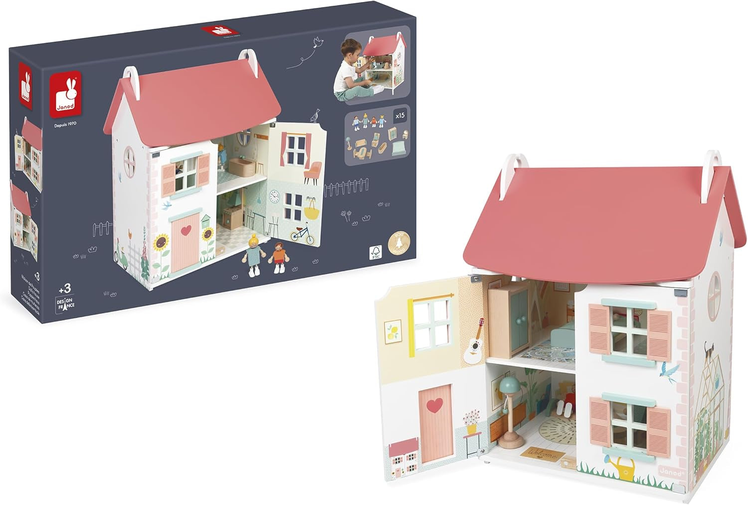 Janod – Mein erstes Puppenhaus aus Holz – 10 Zubehörteile – Puppenmöbel – magnetische Türen und abnehmbares Dach – FSC-zertifiziertes Holzspielzeug – ab 3 Jahren