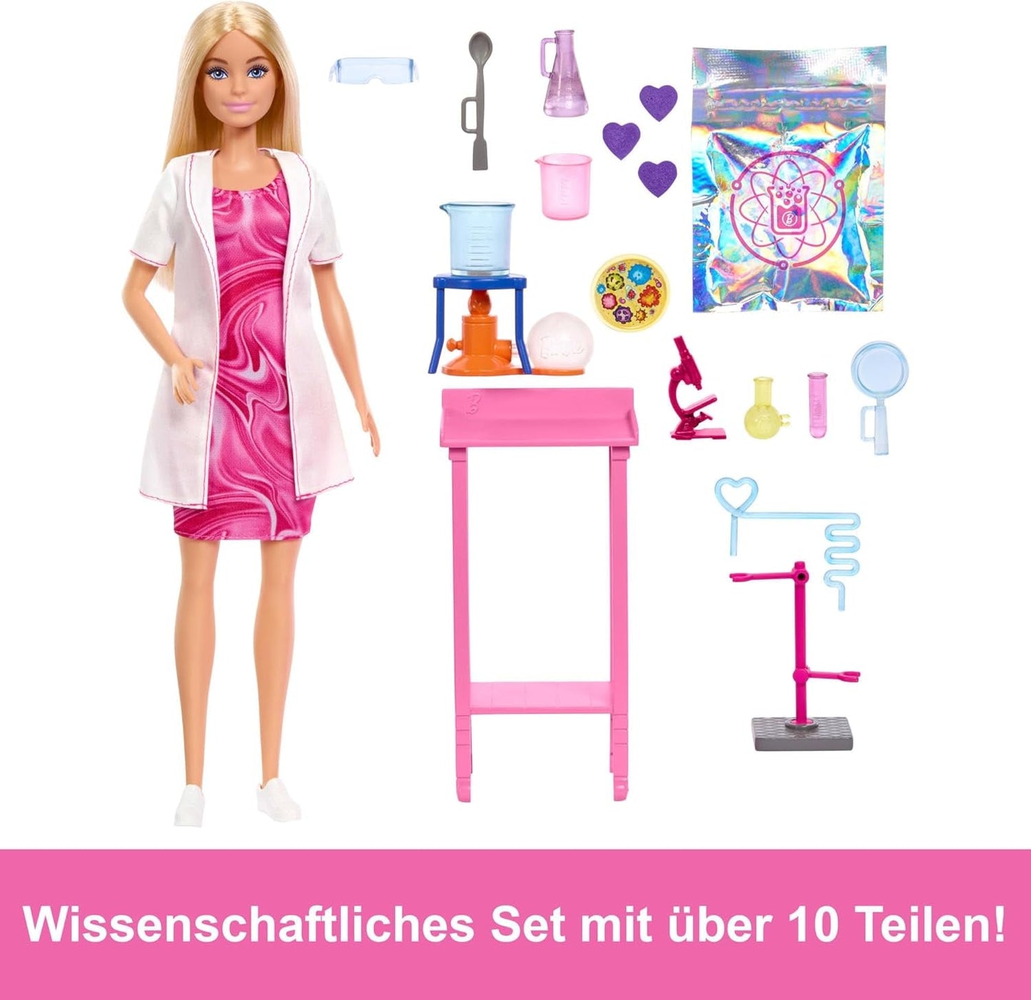 Barbie-Wissenschaftler-Puppe und Zubehör mit modischer blonder Puppe, Labortisch, Mikroskop, Farbwechsel-Kassierer und Petrischale, JCR70 Naty Shop Dolls