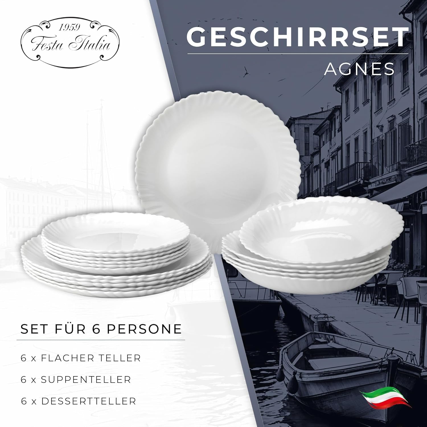 Geschirrset für 6 – 18 Teile – Geschirrset aus Opalglas – Geschirrset aus weißem Geschirr – Schüssel- und Tellerset – Modernes Geschirr – Teller – Tischservice – Geschirrset für 6