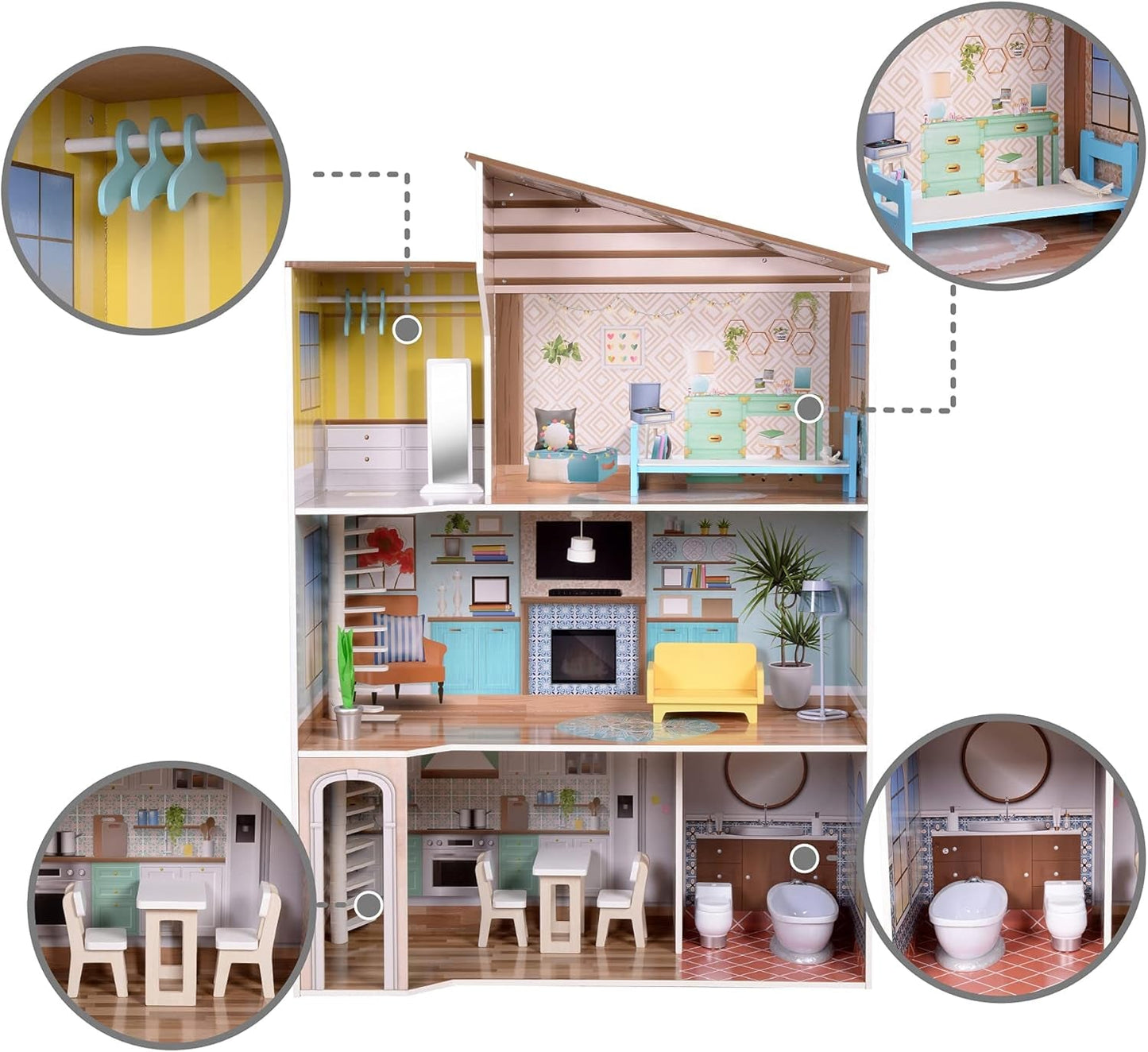 Olivia's Little World Modernes, dreistöckiges interaktives Puppenhaus aus Holz im mediterranen Stil für Kinder mit 17 Puppenmöbelzubehör, mehrfarbig, TD-13551B