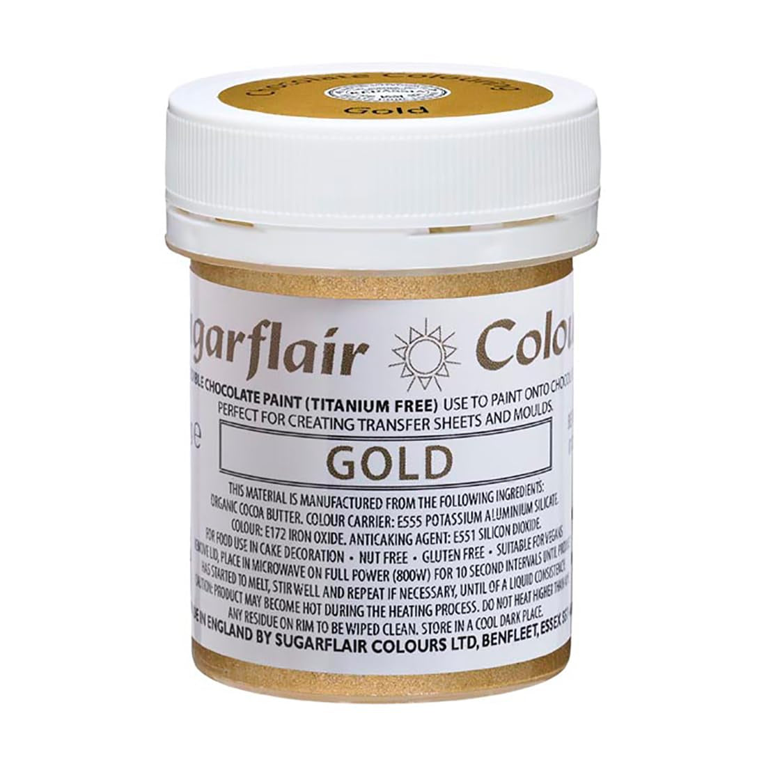 Lebensmittelfarbe Sugarflair Chocolate Gold – Farbige Bio-Kakaobutter, Schokoladenfarbe zum Färben von Schokolade, Pralinen – 35 g