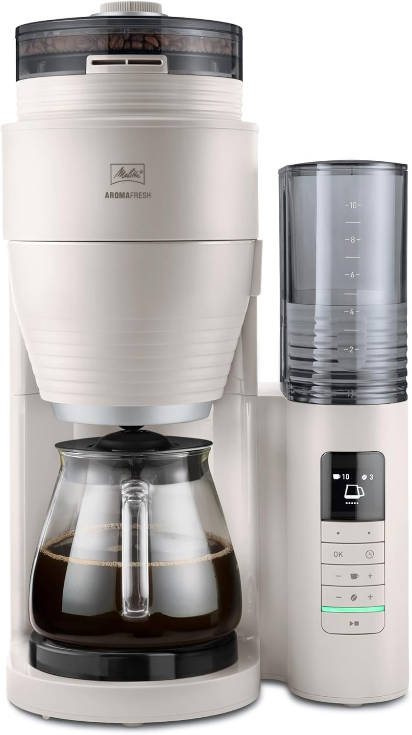 Melitta AromaFresh Therm Pro X – Espressomaschine mit Filter, integriertem Mahlwerk, abnehmbarem Wassertank, Thermokaraffe aus Edelstahl und Timerfunktion, für bis zu 8 Tassen Kaffee, Schwarz/Silber
