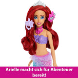 Mattel Disney Princess Toys, Meerjungfrau-Arielle-Modepuppe mit abnehmbarer Schwanzflosse, Schminktisch mit 5 wiederholbaren Pop-Up-Überraschungen und 5 Zubehörteilen, JBF86