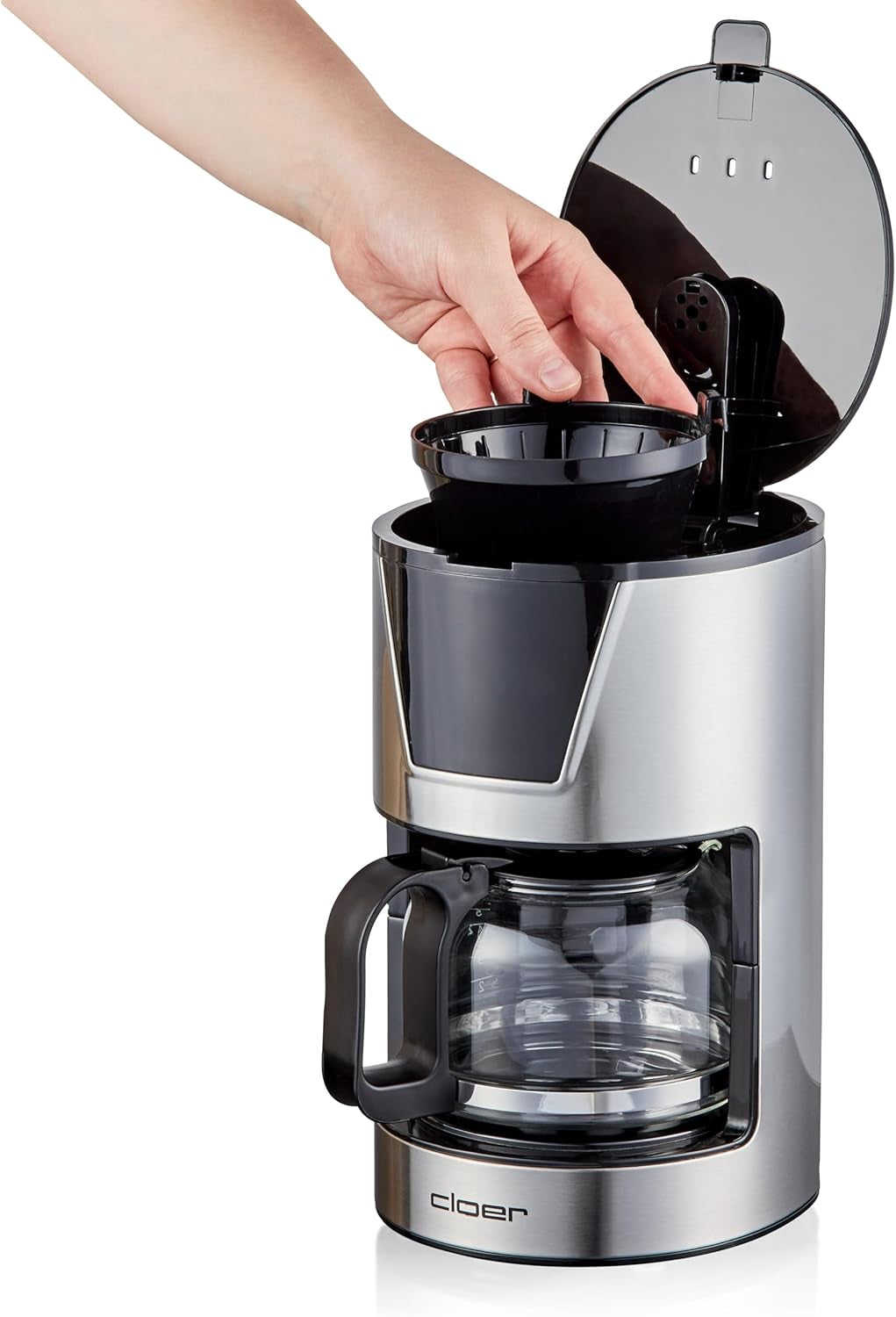 Cloer Filter-Espressomaschine für 6 Tassen, schonende Warmhaltefunktion, Glaskaraffe, Messlöffel, Wasserstandsanzeige, Anti-Tropf-System, automatische Abschaltung, Filtergröße 1x2, 550 W, Edelstahl