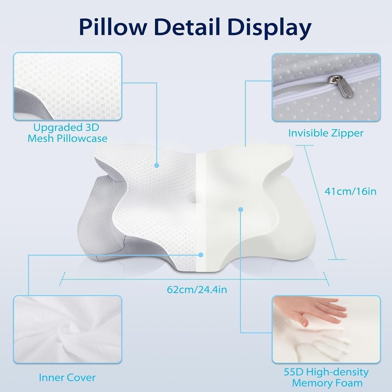 HOMCA Nackenkissen, ergonomisches Memory-Schaum-Kissen, 3D-Kühlkissenbezug für Rücken-, Seiten- oder Bauchlage, 62 x 41 x 9,5/12,5 cm, orthopädische Nackenkissen, Naty Shop