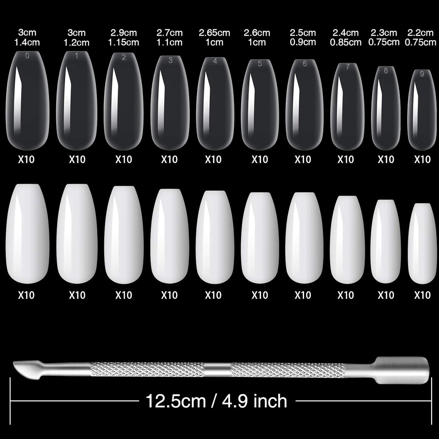 200 Stück künstliche Nagelspitzen, 10 Größen, Acryl, künstliche Nägel mit Nagelhautschieber und transparenter Box für Frauen und Mädchen (natürlich und transparent)
