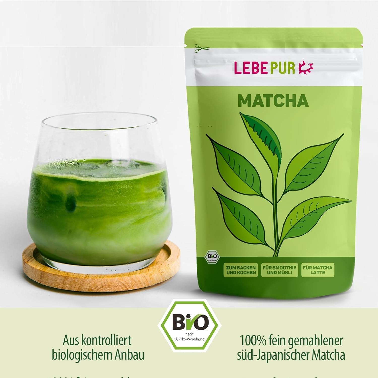 Lebepur BIO Matcha-Pulver 100 g – Premium-Qualität aus Japan ohne Zusatzstoffe – 100 % reines Grüntee-Pulver für Matcha Latte, Matcha-Tee, grünen Tee, Smoothie – japanischer grüner Tee