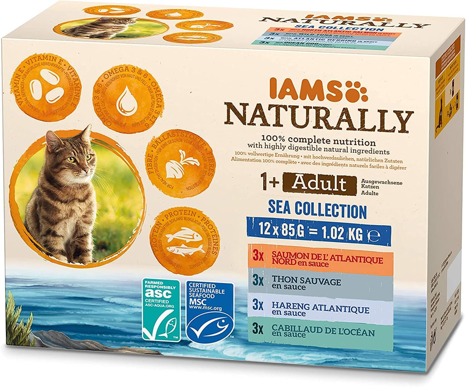 IAMS Natürliches Nassfutter für Katzen in Soße – Hochwertiges Nassfutter mit Fisch für ausgewachsene Katzen, Sea Collection, 12 x 85 g