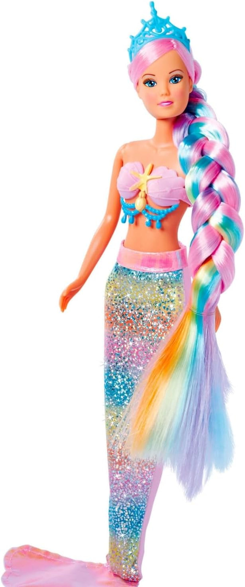 Simba 105733610 - Steffi Love Rainbow Mermaid, Regenbogen-Meerjungfrau-Modepuppe mit bunten Haaren, Haarspangen, Kamm und abnehmbarer Flosse, Spielpuppe 29 cm, ab 3 Jahren
