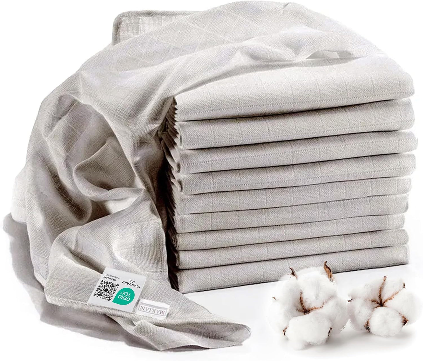 MAKIAN Musselin-Quadrate, 10 Stück, 80 x 80 cm, Öko-TEX® Standard 100 zertifiziert, 10 Premium-Spucktücher – doppelt gewebte Stoffquadrate/Musselin-Quadrate, kochfest – Weiß