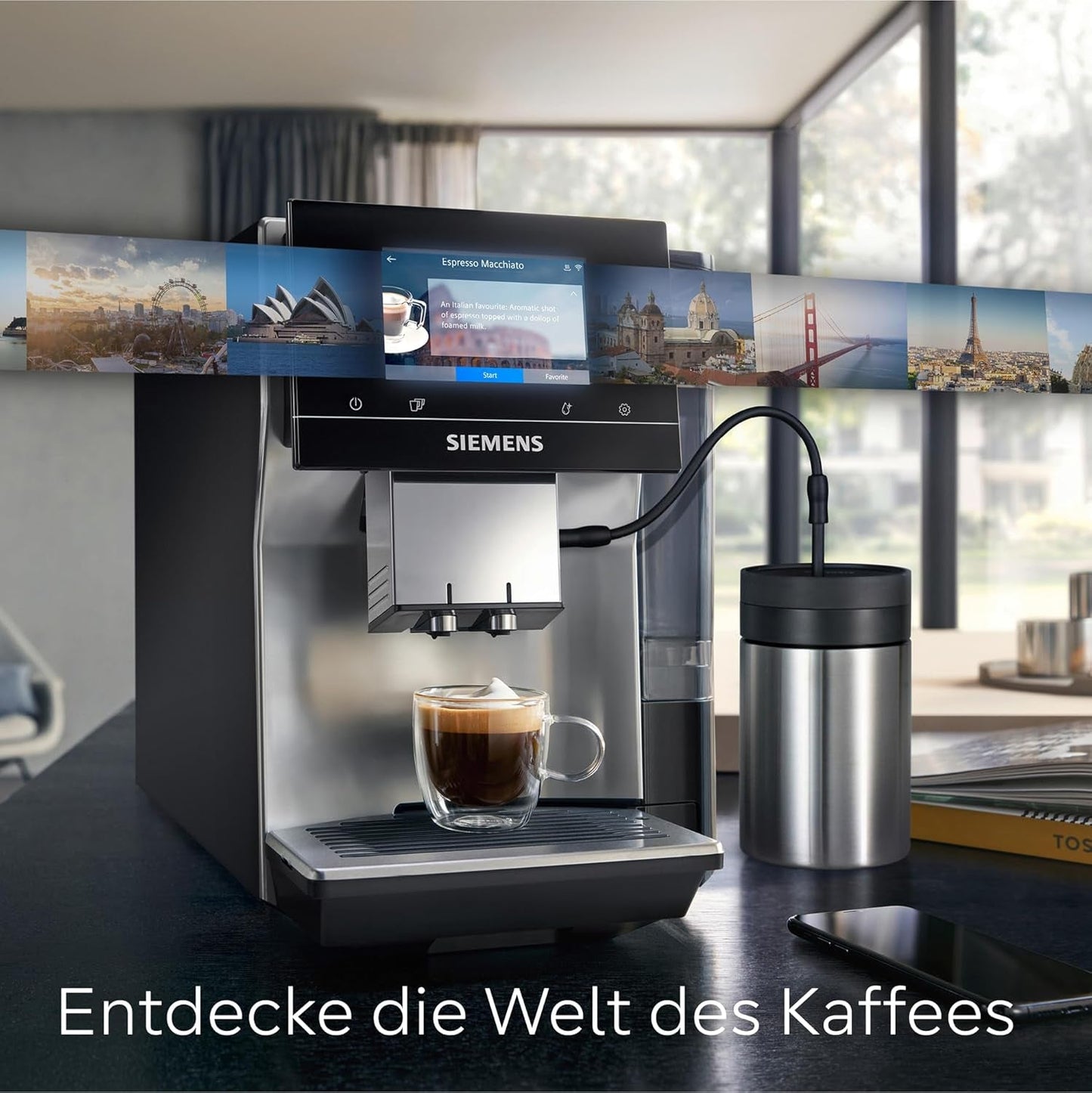 Automatische Espressomaschine Siemens EQ700 classic TP715D01, App-Steuerung, Cold Brew, intuitives Touch-Display, bis zu 10 individuelle Kaffeekreationen als Favoriten, automatische Dampfreinigung, 1500 W, silbergrau