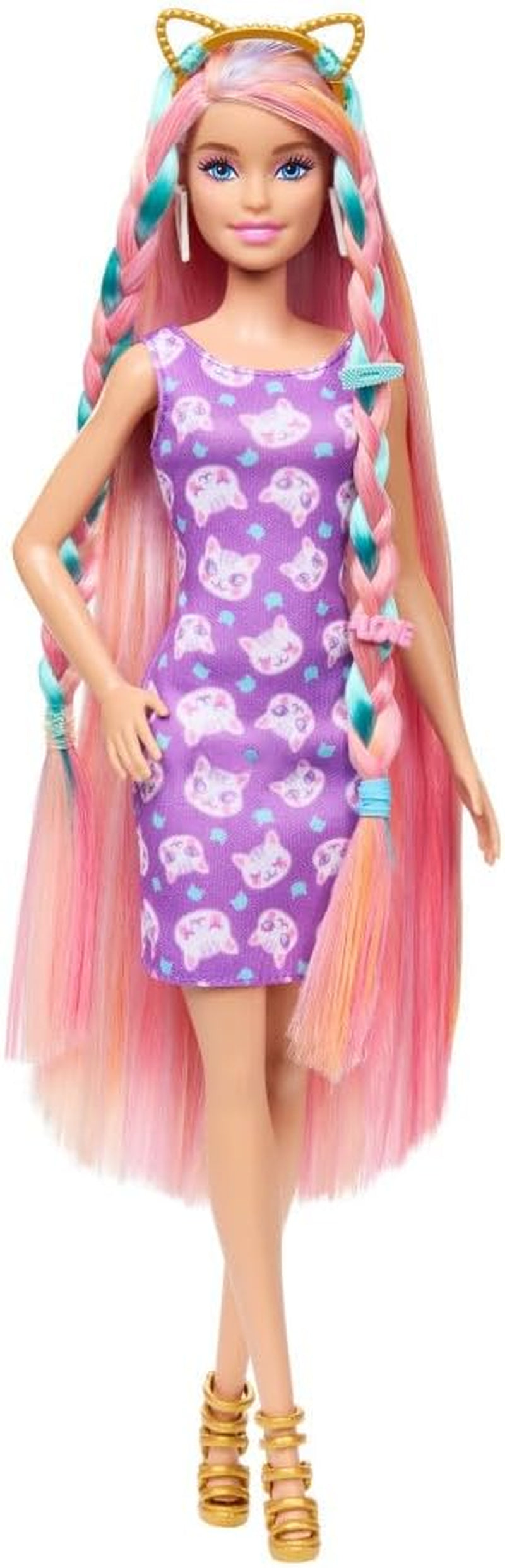 Barbie Totally Hair – Puppe mit leicht zu stylendem extralangem Regenbogenhaar und 10 Mode- und Styling-Accessoires, gepunktetes Kleid in Blockfarben, ab 3 Jahren, HKT96