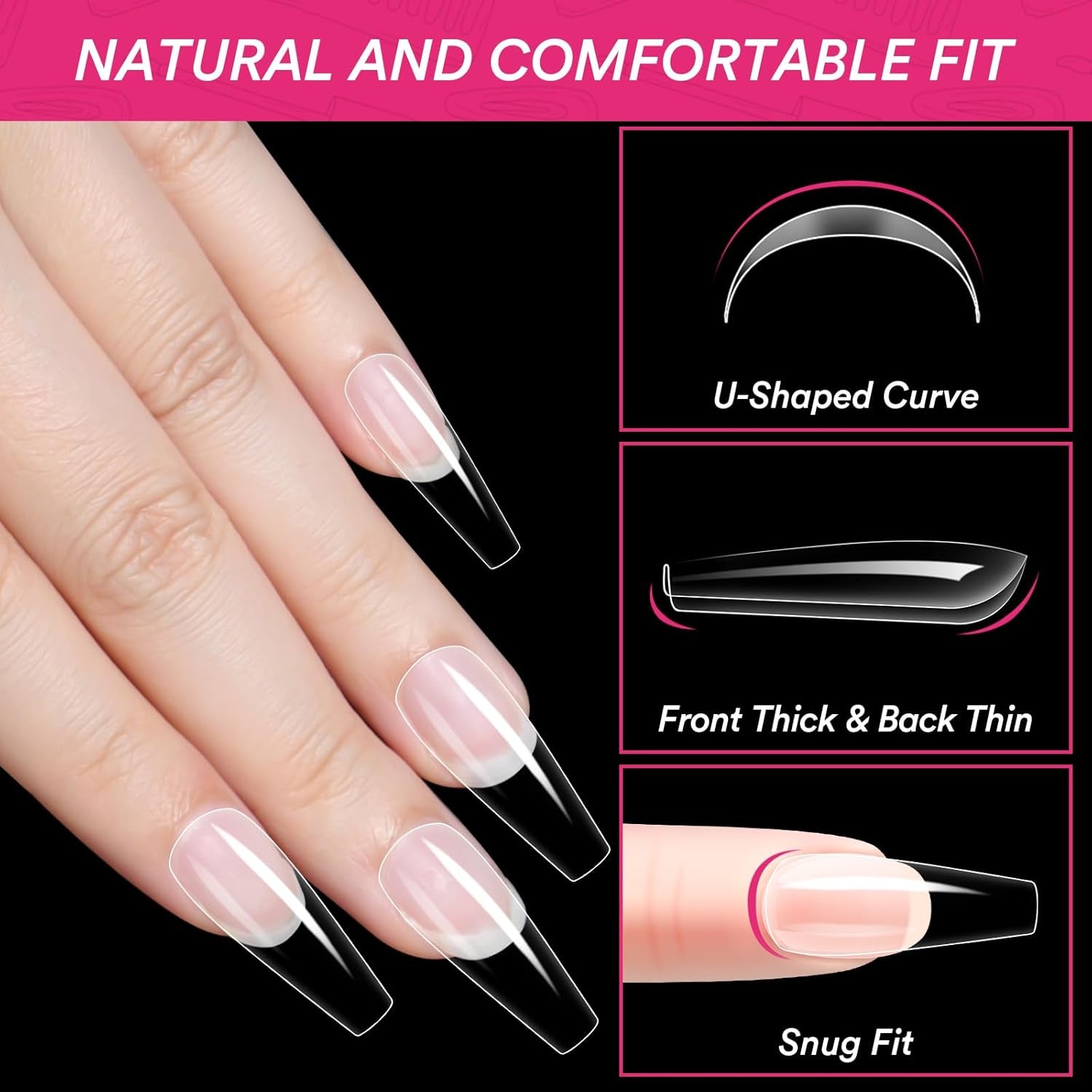 Alyvisun Ballett-Nagelspitzen, 500 Stück, vollständig abdeckende Acryl-Nagelspitzen mit 240 Stück Nagelaufkleber-Set, 10 Größen, transparente Gel-Nagelspitzen, weiche Gel-Nagelspitzen, Ballerina-Nagelspitzen