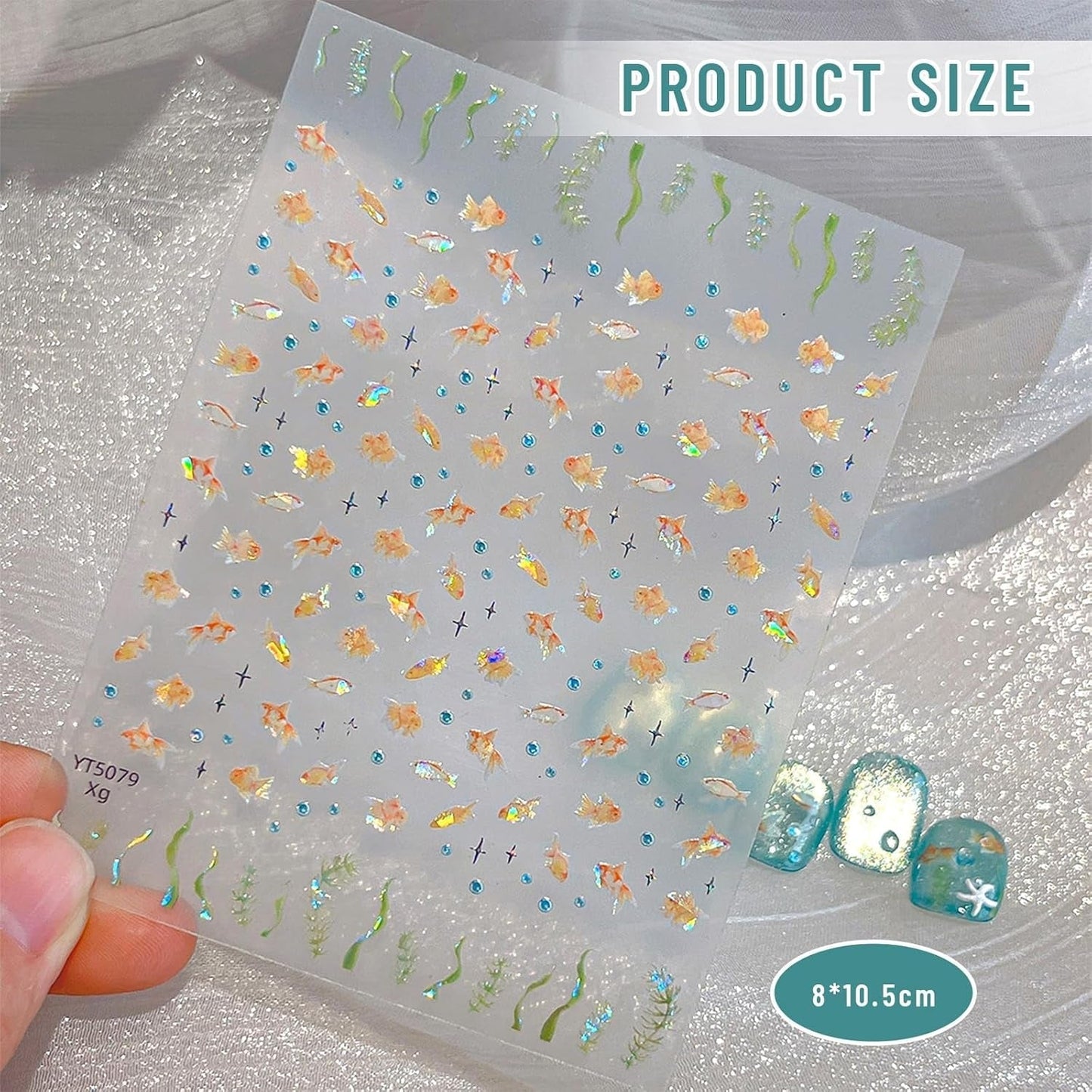 2 Stück selbstklebende Nagelsticker mit Muscheleffekt, Vierstrahlstern und Goldfisch-Design, Nagelaufkleber für Fingernägel, Nail Art Zubehör für Gelnägel