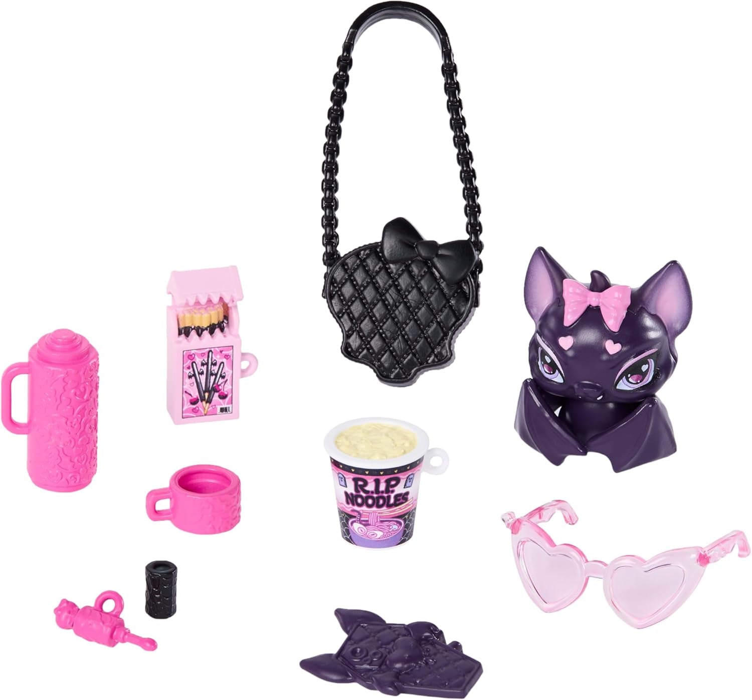 Monster High-Puppe Draculaura in rosa Kleid mit Schleifen und schwarzer Strickjacke mit Fledermaus von Count Fabulous und 7 Accessoires, darunter Ramen, Lippenstift und Tasche, JHK29
