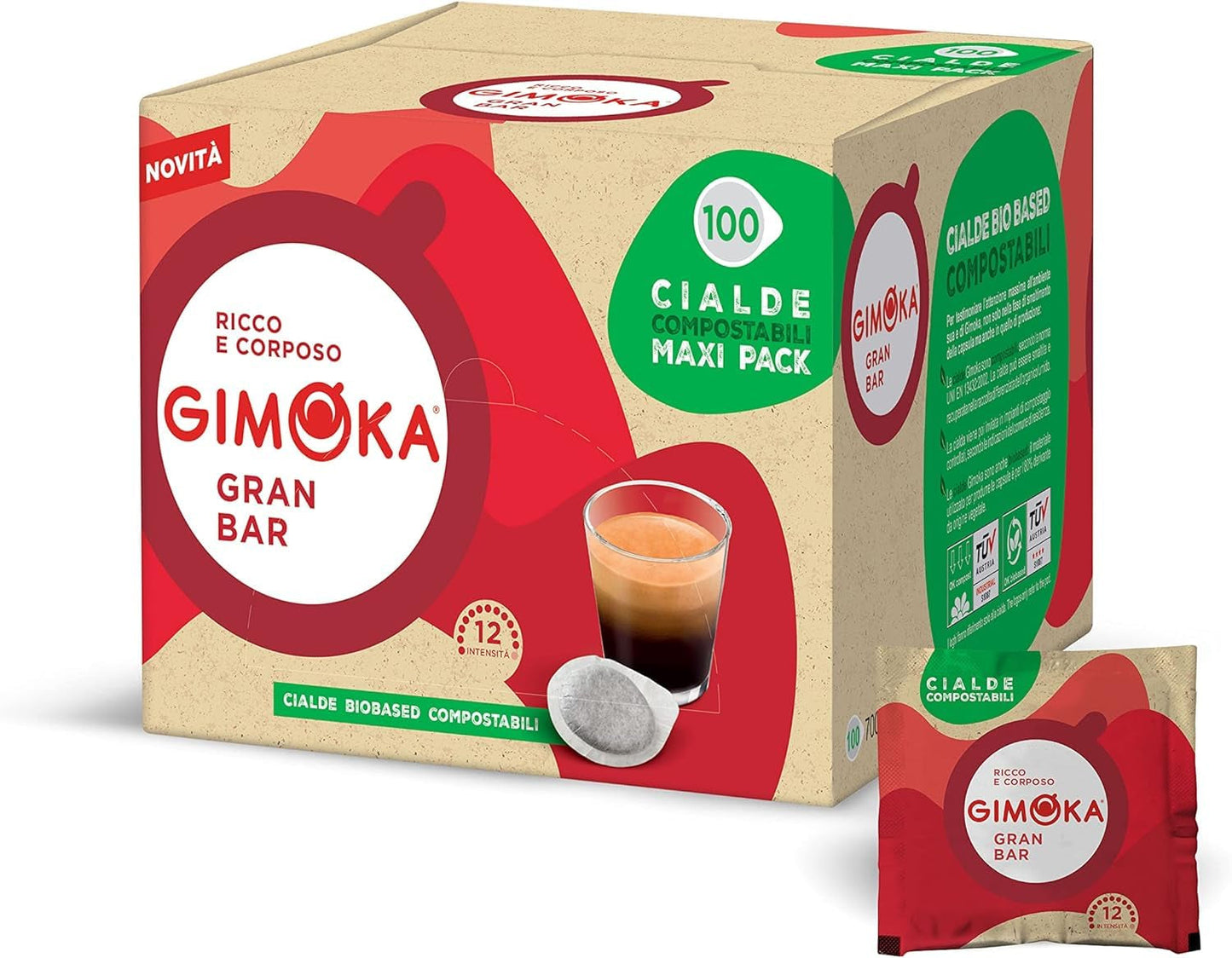 Gimoka Kompostierbare Kaffeepads, Gran Bar Intenso Kaffeemischung, Intensität 12-100 Pads – Kompatibel mit ESE System Papier Pads 44 mm