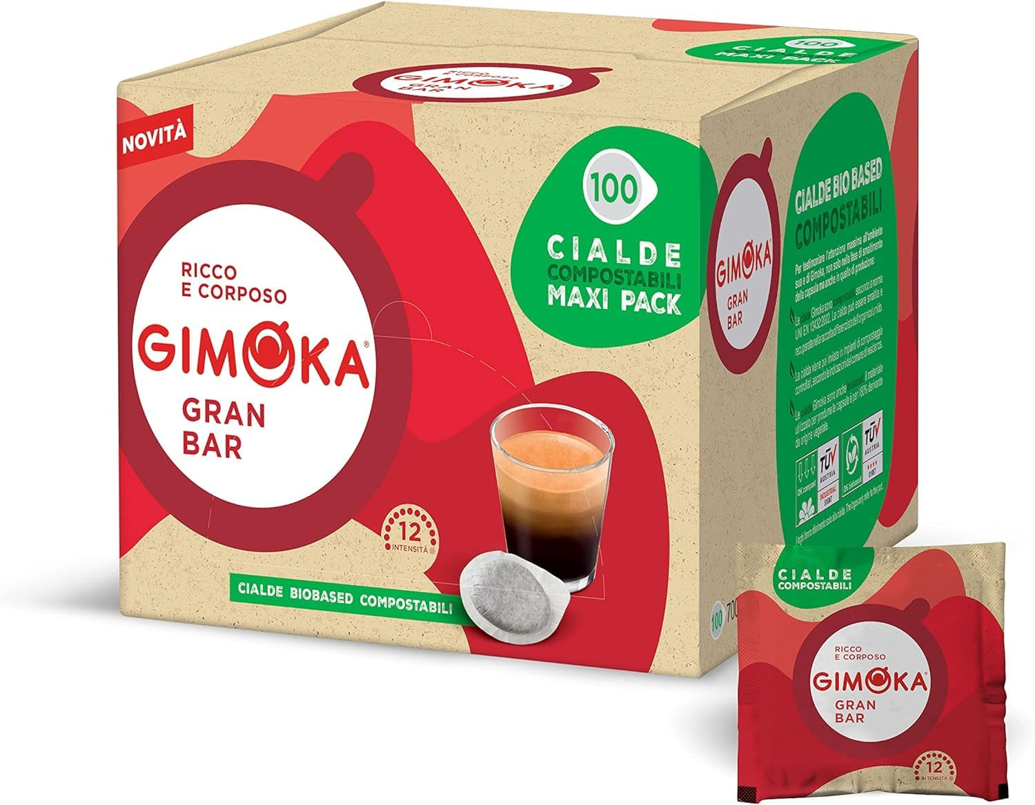 Gimoka Kompostierbare Kaffeepads, Gran Bar Intenso Kaffeemischung, Intensität 12-100 Pads – Kompatibel mit ESE System Papier Pads 44 mm