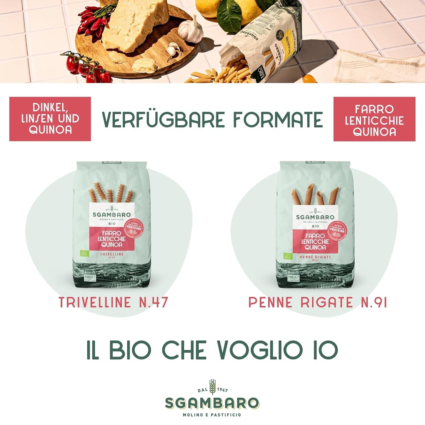 Bio-Nudeln Trivelline N.47 – 500 g mit Dinkelmehl, Linsenmehl und Quinoamehl – ​​Reich an Proteinen, Ballaststoff- und Proteinquelle