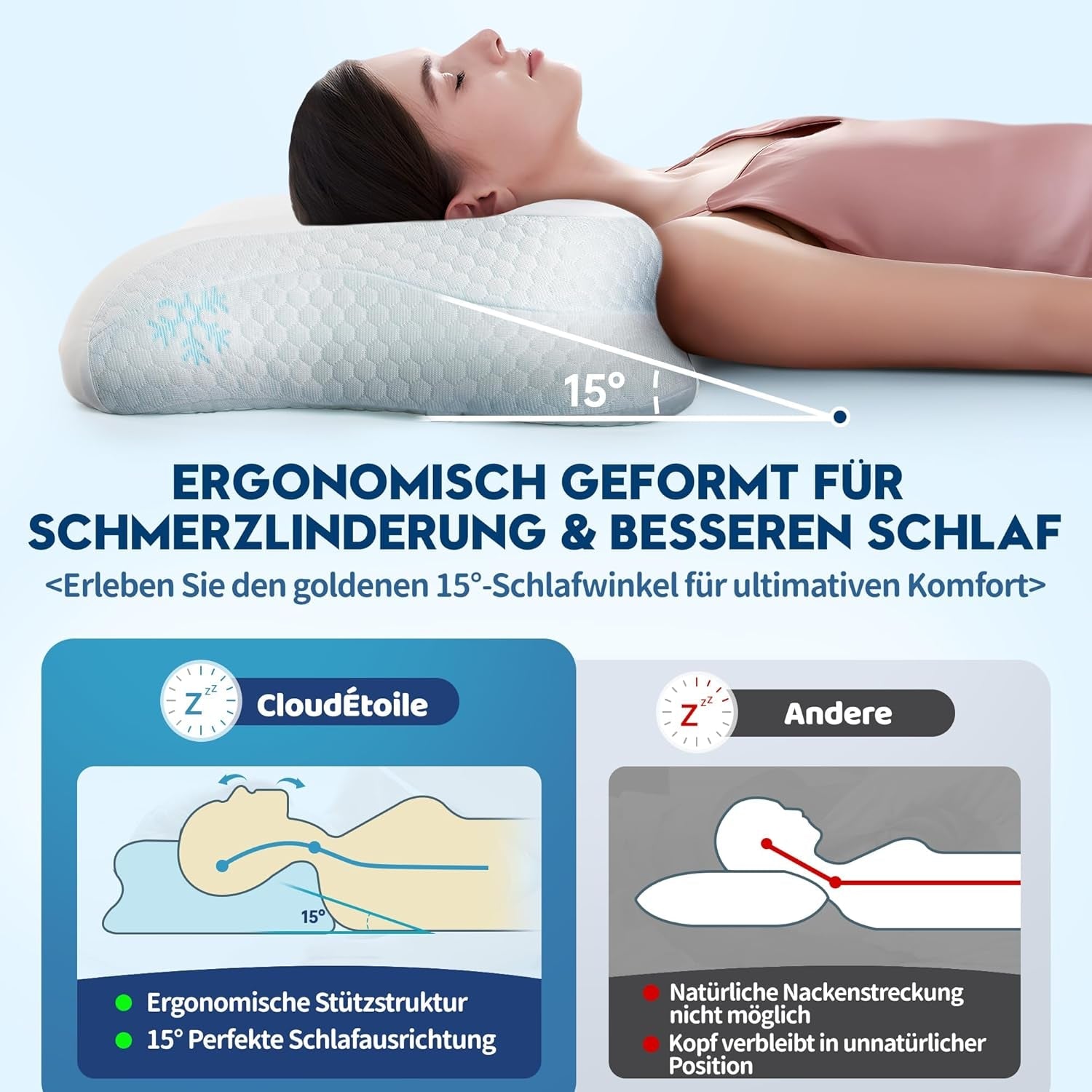 Cloudétoile Nackenkissen Memory-Schaum-Kissen – 2-in-1 ergonomisches orthopädisches Kissen, Visco-Schaum-Kissen, Seitenschläfer-Nackenstützkissen, höhenverstellbares Memory-Schaum-Kissen, weiß, 64 x 38 x 12 cm, orthopädische Nackenkissen, Naty Shop