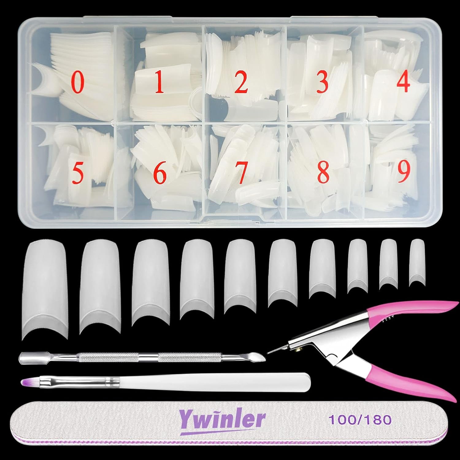 Künstliche Nägel, 500 Stück, natürliche Farbe, künstliche künstliche Nägel, 10 Größen, DIY-Acryl, mit Box, Nagelbürste, Nagelhautschieber, Nagelfeile