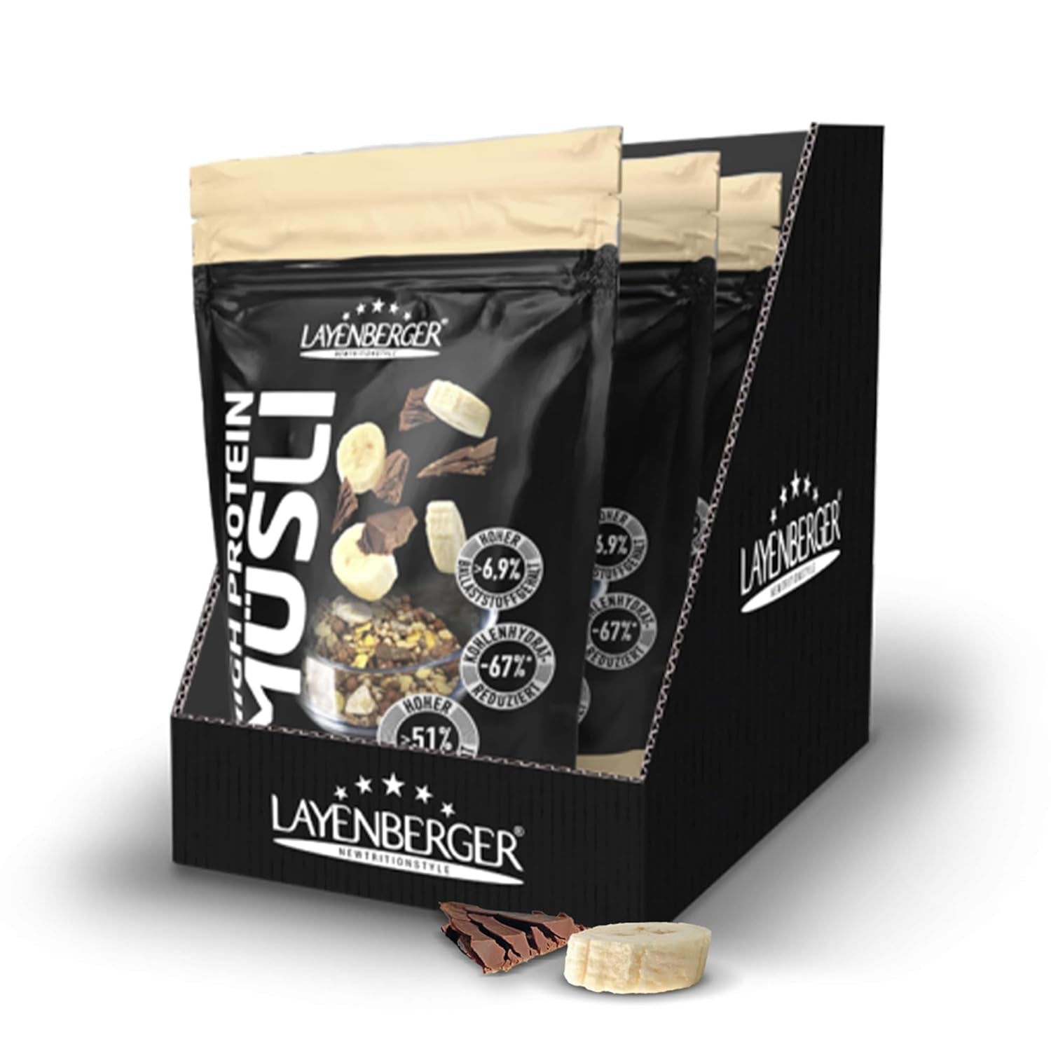 Layenberger 3K High Protein Müsli, 50% Eiweiß und 18% Kohlenhydrate - Einzelpackung (1X 390 G) - Schoko-Nuss Cerealien Naty Shop 1,17 Kg (1Er Packung) Schoko-Banane
