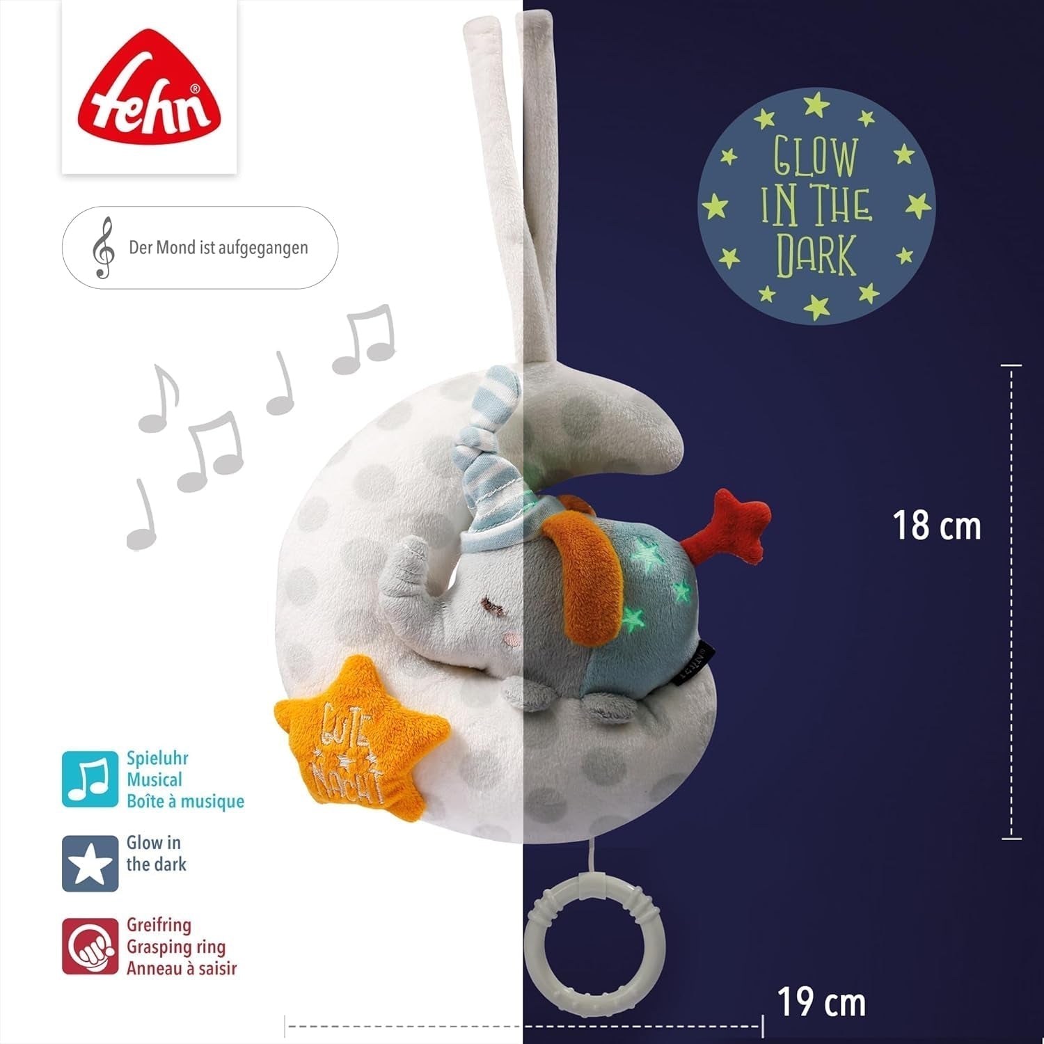 Fehn Spieluhr Elefantenbaby im Mond - Stickerei „Glow-in-the-dark“ mit dem Lied „Der Mond ist aufgegangen“ – Plüschtier zum Einschlafen – Spielzeug für Kinder unterwegs und zu Hause – ab 0+ Monaten Babyspielzeug Naty Shop