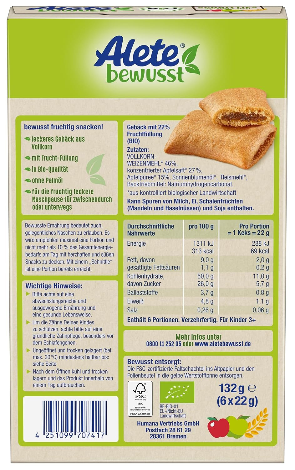Alete Bio-Schnittpasteten mit Vollkorn und Apfel 6 x 22 g