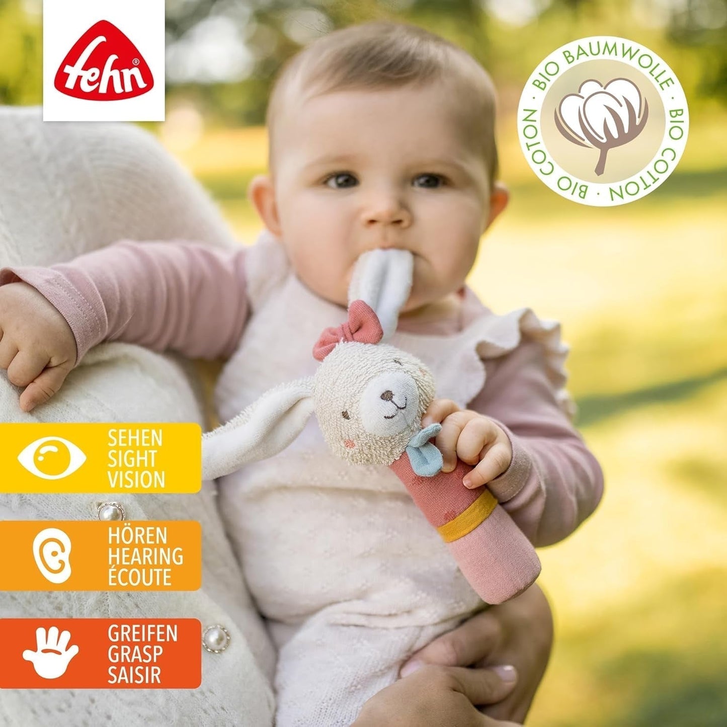 Fehn Greifstabspielzeug für Kinder fehnNatur Hasenspielzeug – Motorikspielzeug mit Rassel zum Greifen, Knuddeln – Greifling mit Bio-Baumwolle – Spielzeug für Babys und Kleinkinder ab 0+ Monaten Babyspielzeug Naty Shop