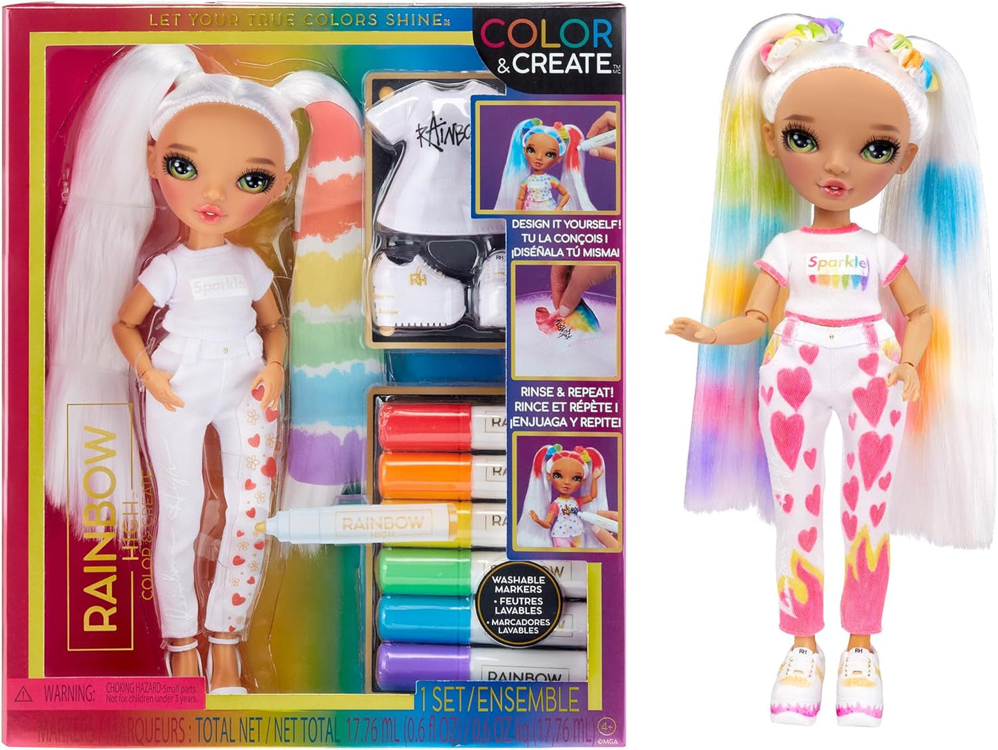 Rainbow High Color & Create DIY Modepuppe – Grüne Augen, Zopfe, extra Top & Schuhe, abwaschbare Regenbogenstifte – Ausmalen, Gestalten, Spielen, Auswaschen – für Kinder von 4-12 Jahren und Sammler