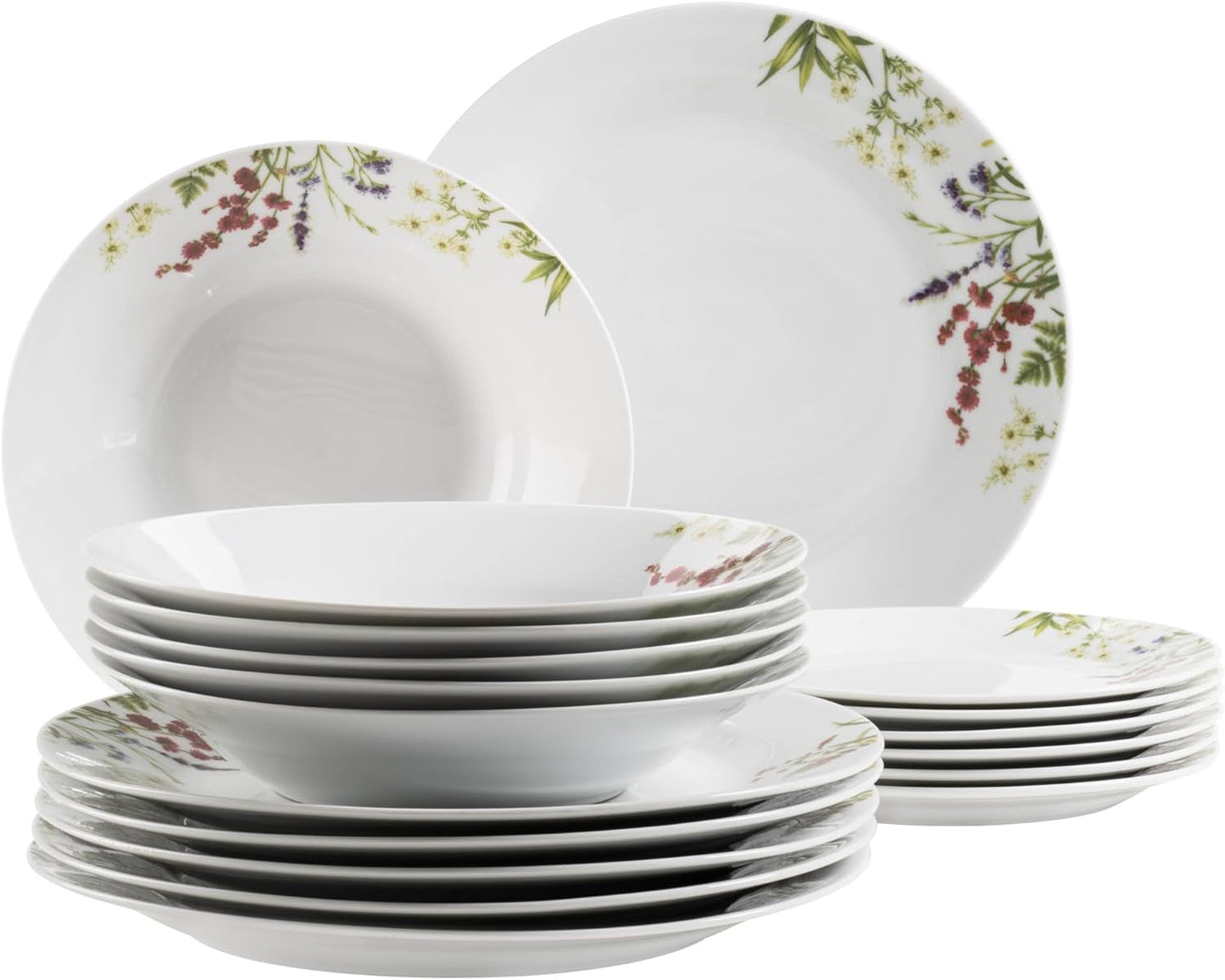 Mäser Herbal Garden 4-Personen-Geschirrset mit Blumenmuster, 18-teilig, bestehend aus Speisetellern, Suppentellern und Desserttellern, Porzellan, Weiß