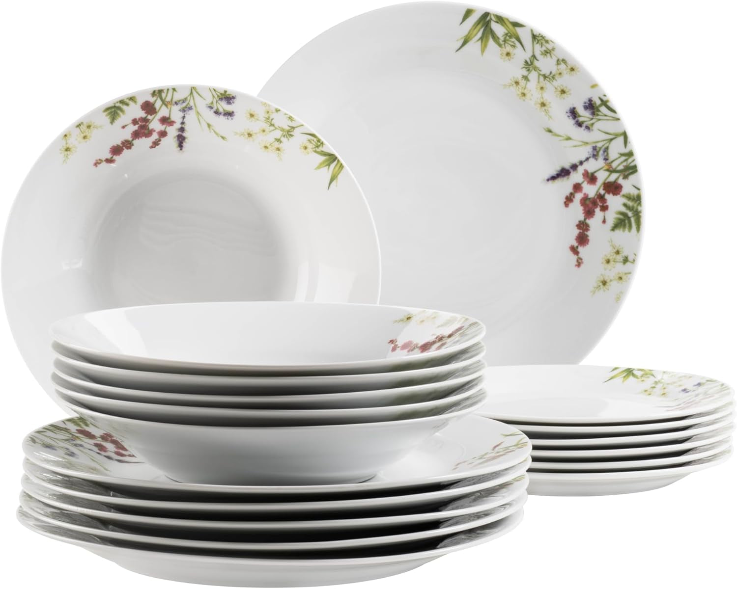 Mäser Herbal Garden 4-Personen-Geschirrset mit Blumenmuster, 18-teilig, bestehend aus Speisetellern, Suppentellern und Desserttellern, Porzellan, Weiß