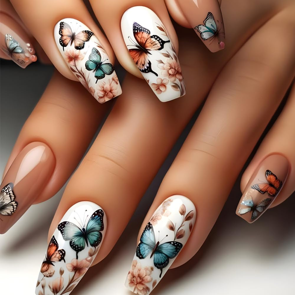 24 Stück lange Nägel zum Aufdrücken, Sarg, künstliche Nägel, Schmetterlingsblume, selbstklebende Nägel, weiß, braun, Acryl-Nagelset, Nagelspitzen, Damen, Frühling, Sommer, Nagelzubehör