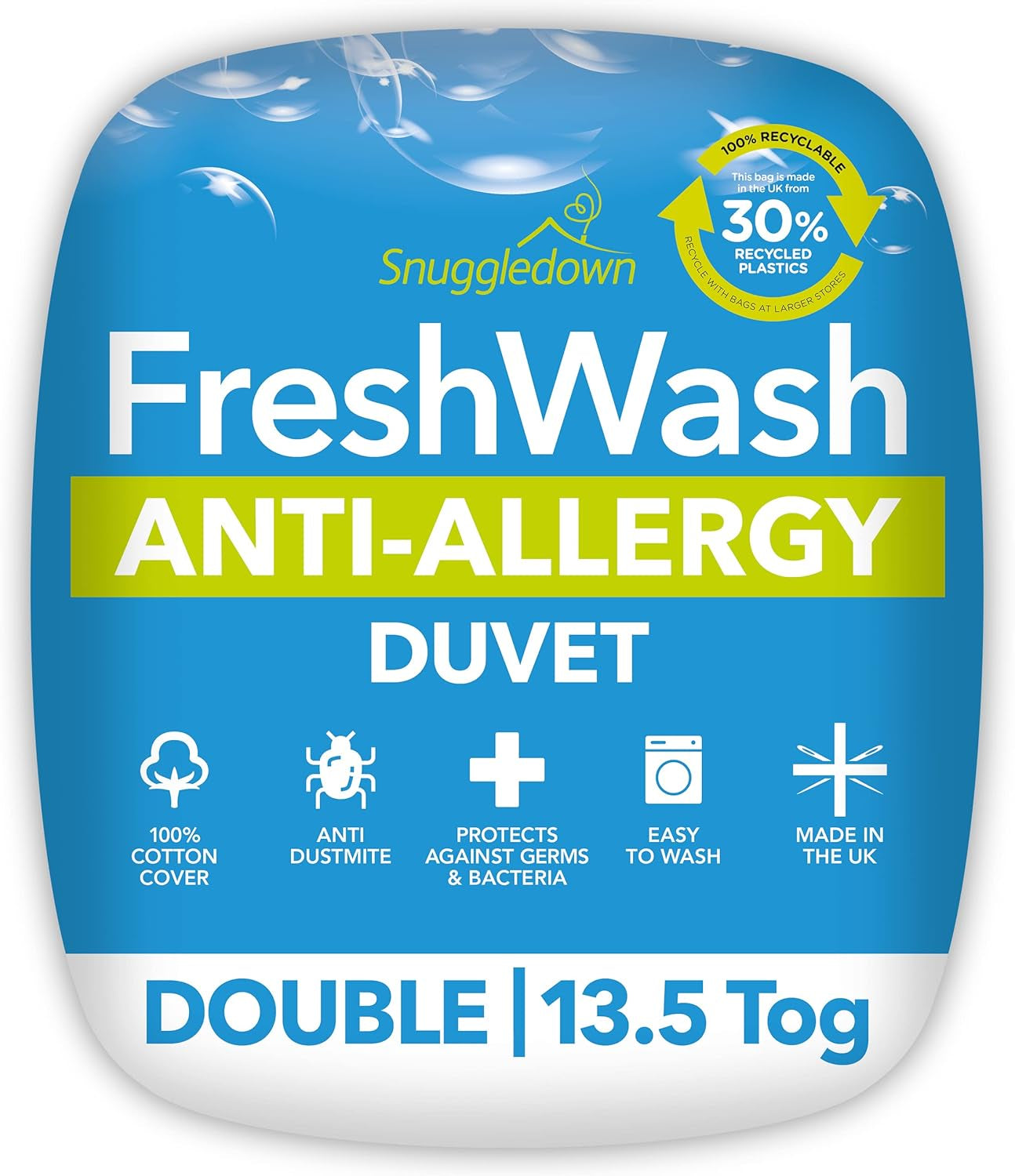 Steppdecke für Allergiker Snuggledown Freshwash, 13,5 Tog Winter Warm, Baumwolle, weiß, Einzelbett Bettdecken und Steppdecken Naty Shop 10 x 200 x 200 cm 13,5 Tog