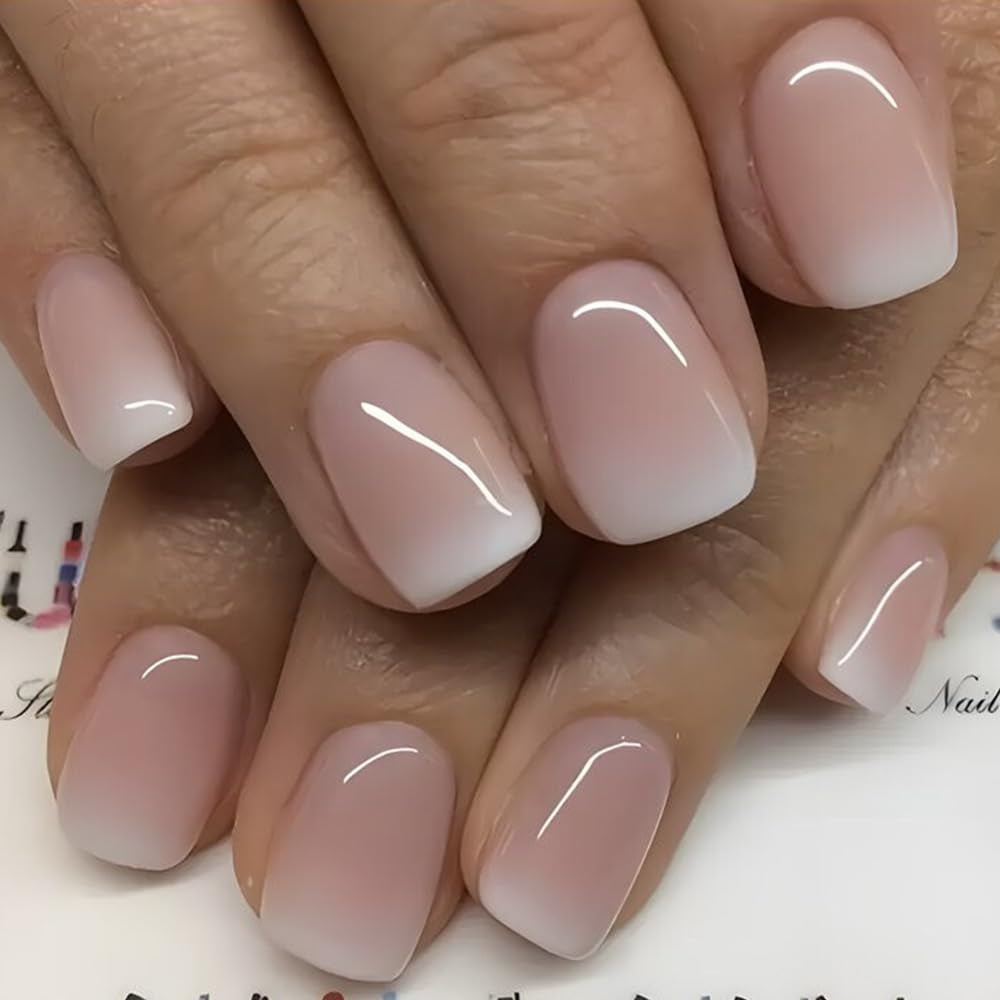 Selbstklebendes Kunstnägel-Set – Französische Kunstnägel – 24-teilig, kurzes quadratisches Design, weiß-rosa Farbverlauf, künstliche Nägel, Ballerina-Maniküre (kurzer rosa Farbverlauf)
