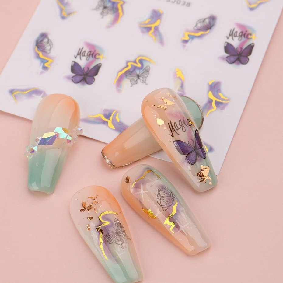 6 Blatt 3D Lila Schmetterling Nagelstickers Selbstklebend Nagelaufkleber Schmetterlinge Nail Sticker Bunte Blühen Marmor Nagel Aufkleber Regenbogen Welle Linien Nail Art Aufkleber Nageldesign Zubehör