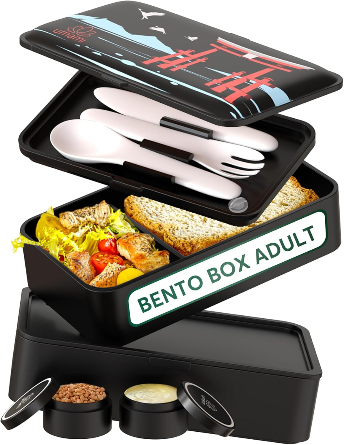 Umami-Lunchbox für Erwachsene, 4 Besteckteile und Fächer, auslaufsichere, stapelbare Bento-Box, Lunchbox für Erwachsene, To-go-Salatbehälter, Picknick-/Büro-Lunchbox, Anthrazitgrau, 1500 ml. Naty Shop Black PP-Aufbewahrungsboxen für Lebensmittel – Torii Special Edition L – 1200 ml